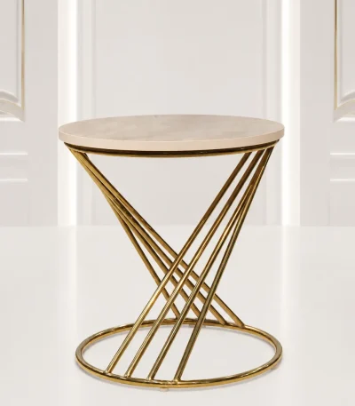Luxury round marble top side table with gold twist base in an hourglass design