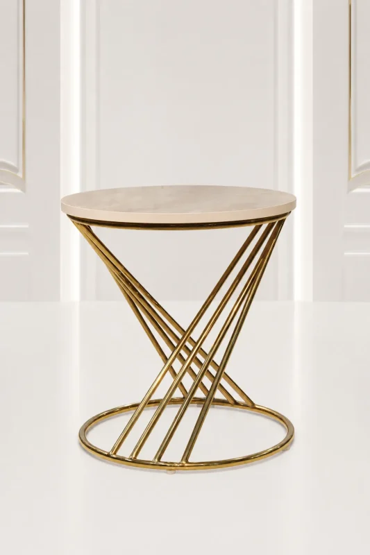 Luxury round marble top side table with gold twist base in an hourglass design