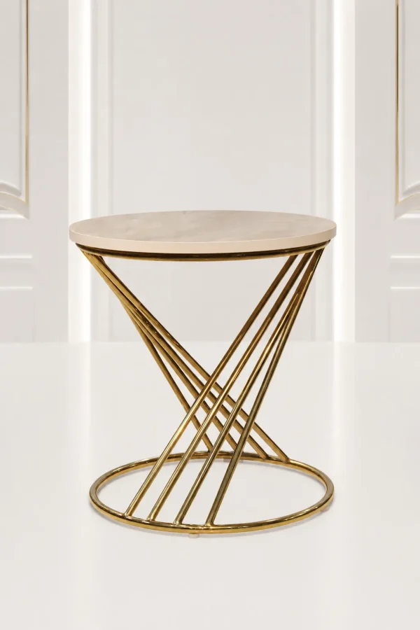 Luxury round marble top side table with gold twist base in an hourglass design