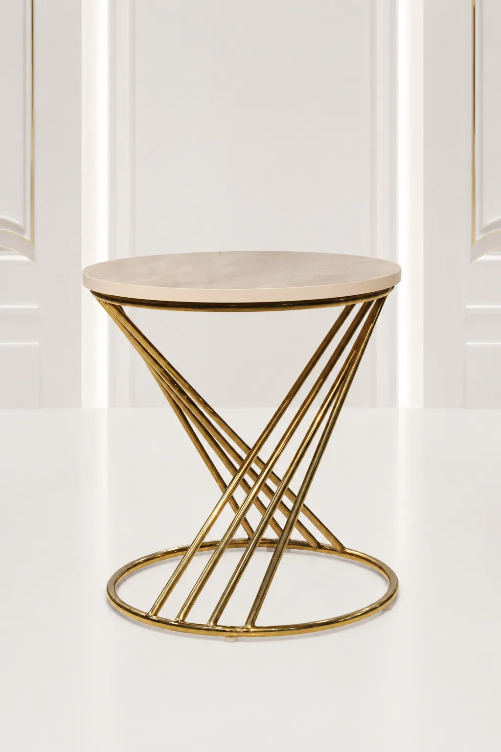 Luxury Round Marble Top Side Table with Gold Twist Base – Modern Geometric End Table Luxury round marble top side table with gold twist base in an hourglass design