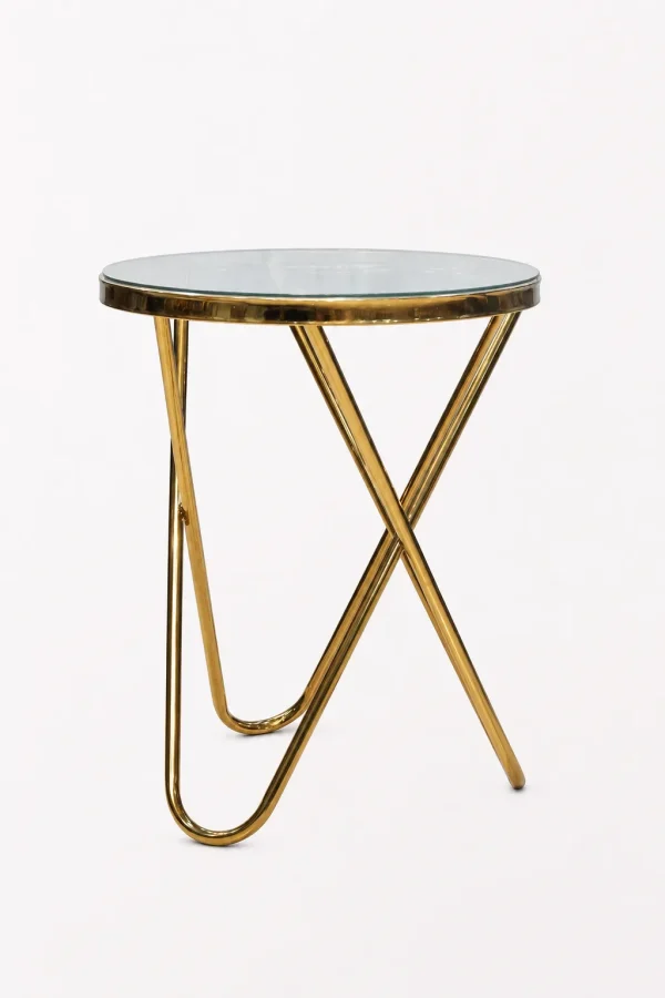 Luxury round glass top side table with gold slatted cage base and an intersecting cross foundation.