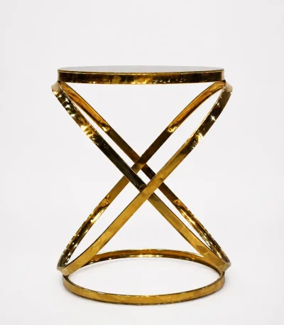 Luxury round mirror top side table with gold infinity base featuring interlocking metallic loops