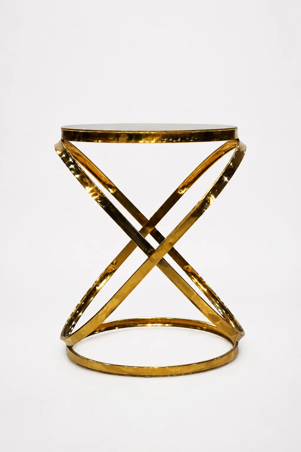 Luxury Round Mirror Top Side Table with Gold Infinity Base – Modern Interlocking Loop End Table Luxury round mirror top side table with gold infinity base featuring interlocking metallic loops