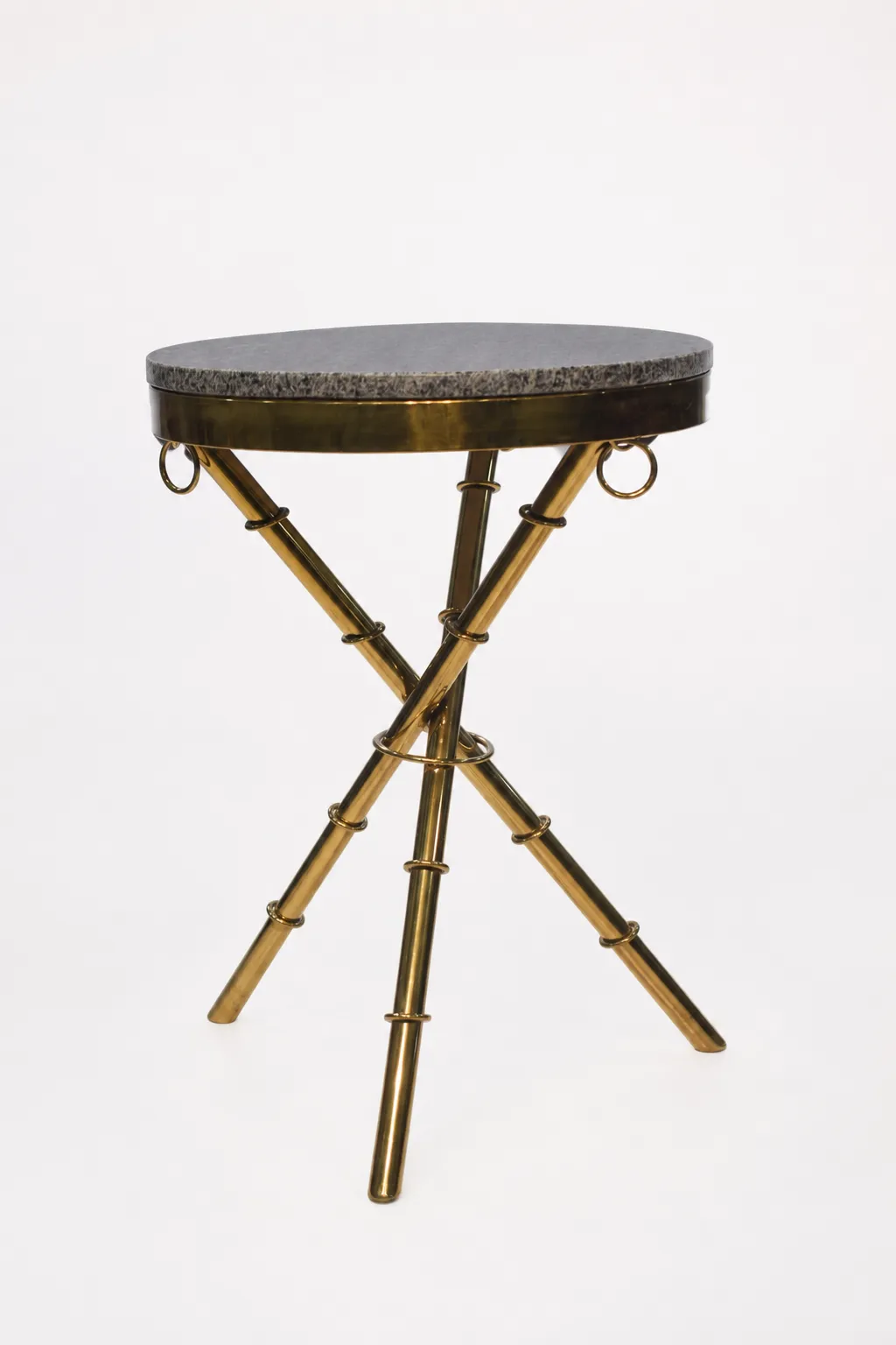 Luxury Round Granite Top Side Table with Gold Tripod Base – Modern Bamboo Style End Table Luxury round granite top side table with gold tripod base featuring textured bamboo-style legs and ring accents