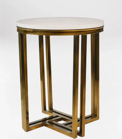 Luxury round marble top side table with gold geometric interlocking base featuring a nested square column design