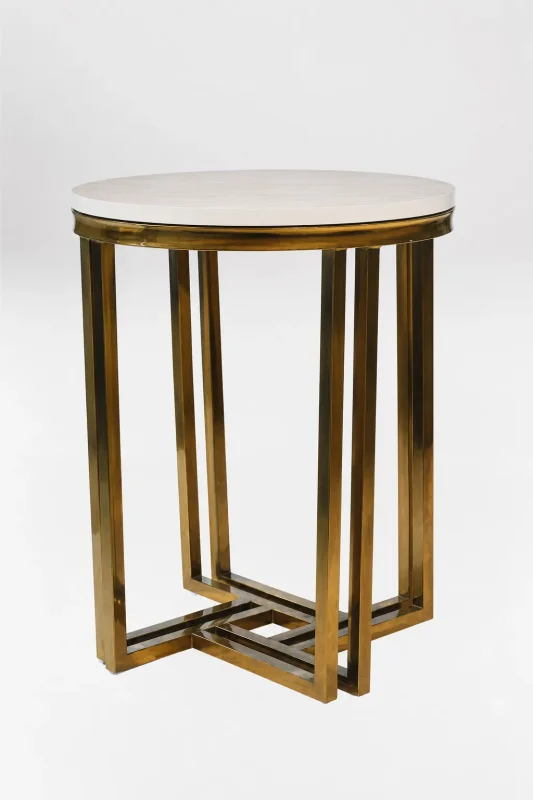 Luxury round marble top side table with gold geometric interlocking base featuring a nested square column design