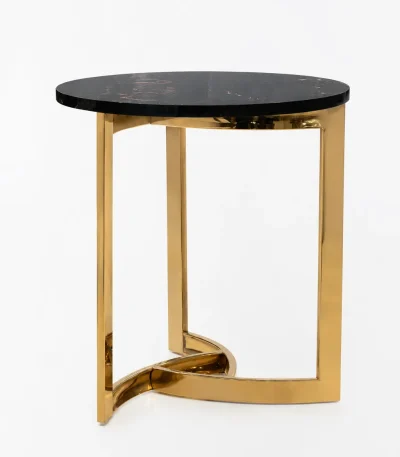 Luxury round black marble side table with gold trifoliate base featuring flat metallic legs and interlocking bottom arches