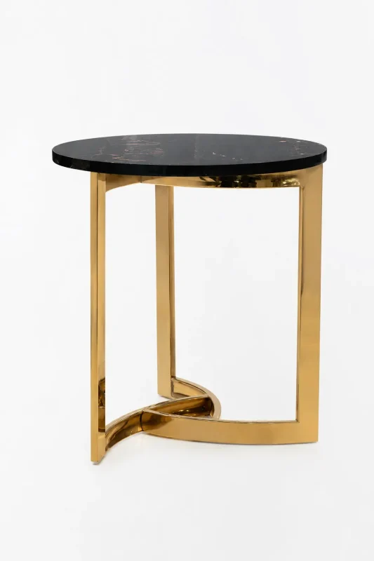 Luxury round black marble side table with gold trifoliate base featuring flat metallic legs and interlocking bottom arches