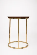 Luxury round walnut wood side table with gold frame featuring a deep dark brown wooden top and a sleek three-pillar metal base
