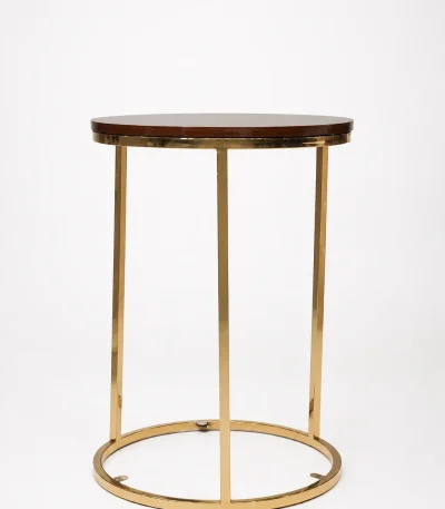 Luxury round walnut wood side table with gold frame featuring a deep dark brown wooden top and a sleek three-pillar metal base
