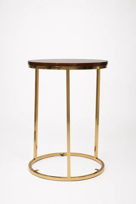 Luxury round walnut wood side table with gold frame featuring a deep dark brown wooden top and a sleek three-pillar metal base