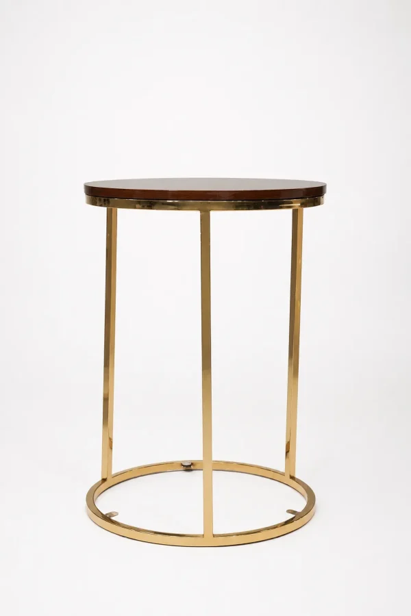 Luxury round walnut wood side table with gold frame featuring a deep dark brown wooden top and a sleek three-pillar metal base