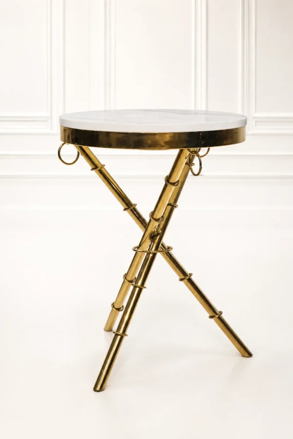 Luxury round white marble top side table with gold tripod base featuring textured bamboo-style legs and ring accents