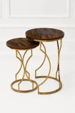 Set of two luxury round rustic wood nesting tables with gold hourglass base arranged in a nested, cascading layout