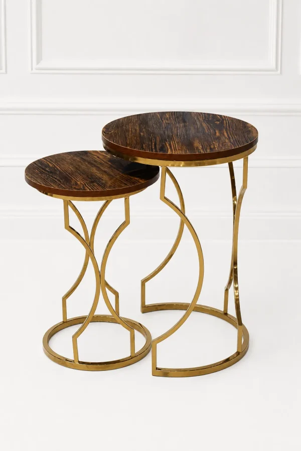 Set of two luxury round rustic wood nesting tables with gold hourglass base arranged in a nested, cascading layout