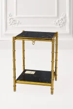 Luxury 2-tier square black marble side table with gold bamboo frame featuring textured metal legs and a decorative ring accent