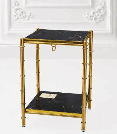Luxury 2-tier square black marble side table with gold bamboo frame featuring textured metal legs and a decorative ring accent