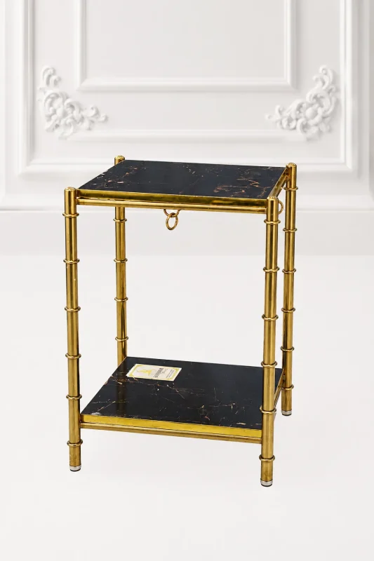 Luxury 2-tier square black marble side table with gold bamboo frame featuring textured metal legs and a decorative ring accent