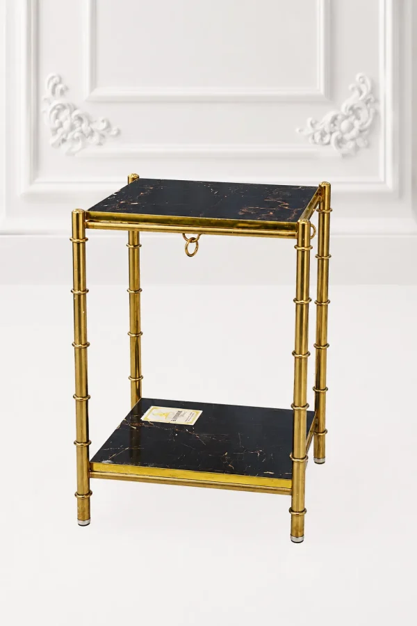 Luxury 2-tier square black marble side table with gold bamboo frame featuring textured metal legs and a decorative ring accent