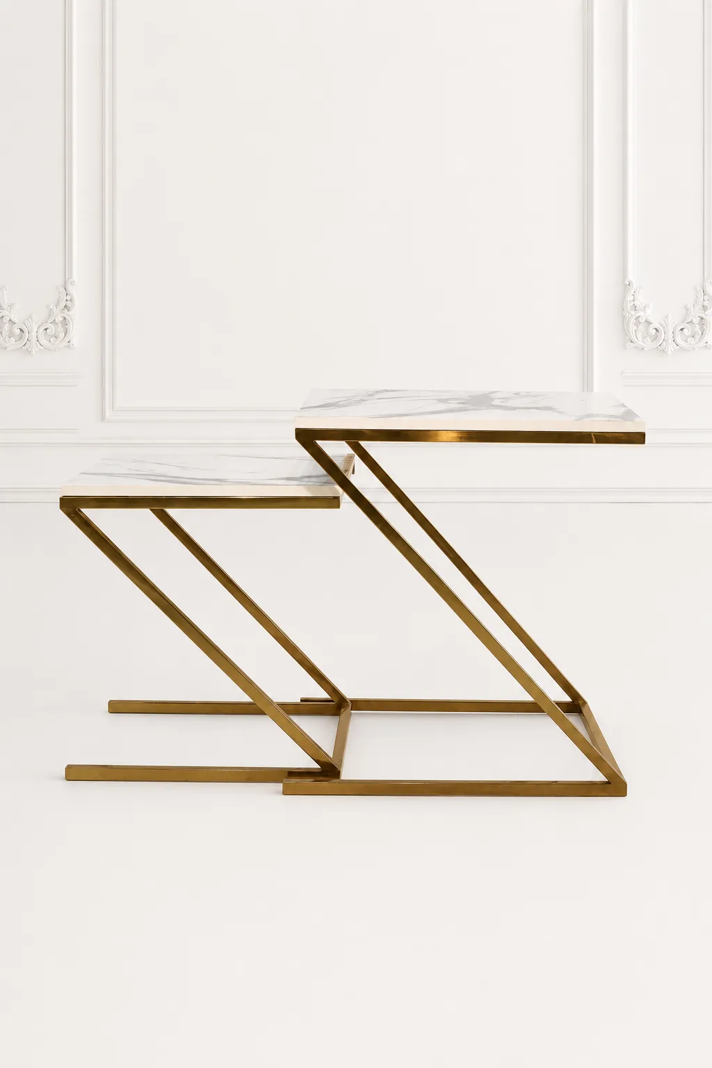 Luxury Square White Marble Nesting Tables with Gold Z Base – Modern Space-Saving Cantilever End Tables Set of two luxury square white marble nesting tables with gold z base arranged in a nested, staggered layout