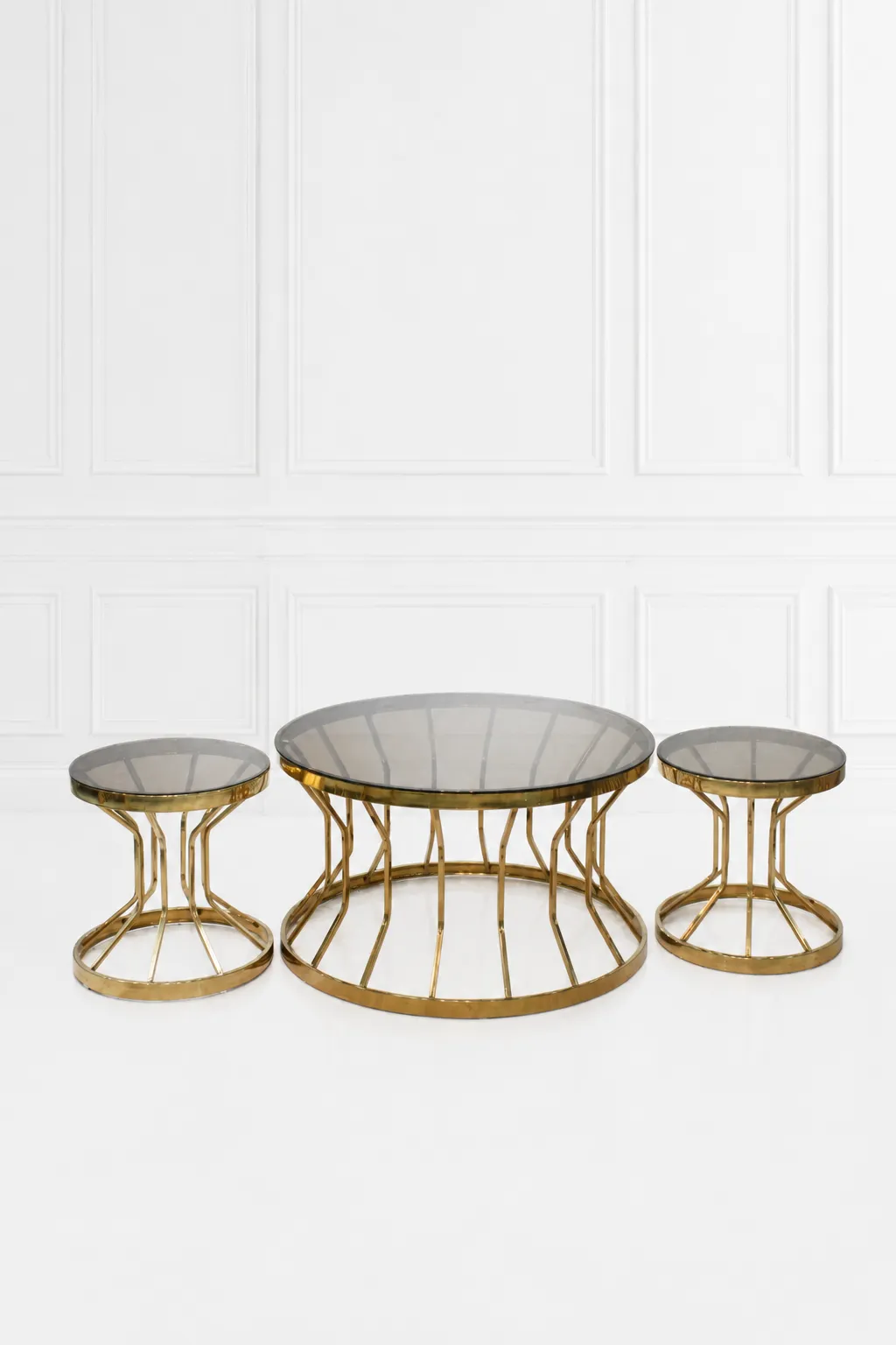 Luxury Round Smoked Glass Coffee Table Set with Gold Cage Base – Modern Center and Matching Side Tables Luxury round smoked glass coffee table set with gold cage base including one center table and two side tables