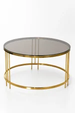 Luxury round smoked glass coffee table with gold frame featuring a dark tinted glass top and triple-pillar metal leg clusters