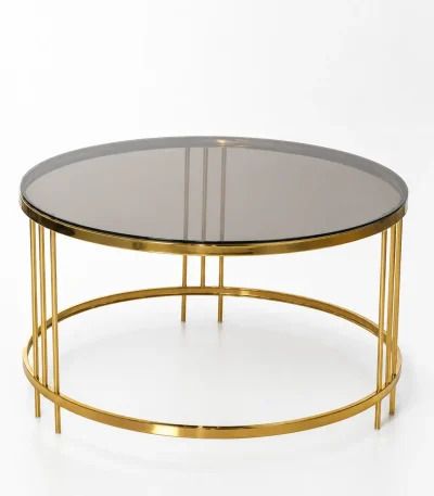 Luxury round smoked glass coffee table with gold frame featuring a dark tinted glass top and triple-pillar metal leg clusters