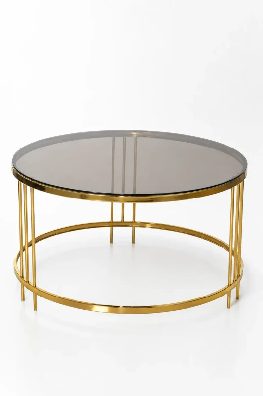 Luxury round smoked glass coffee table with gold frame featuring a dark tinted glass top and triple-pillar metal leg clusters