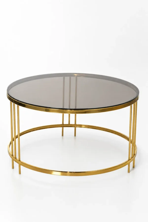Luxury round smoked glass coffee table with gold frame featuring a dark tinted glass top and triple-pillar metal leg clusters