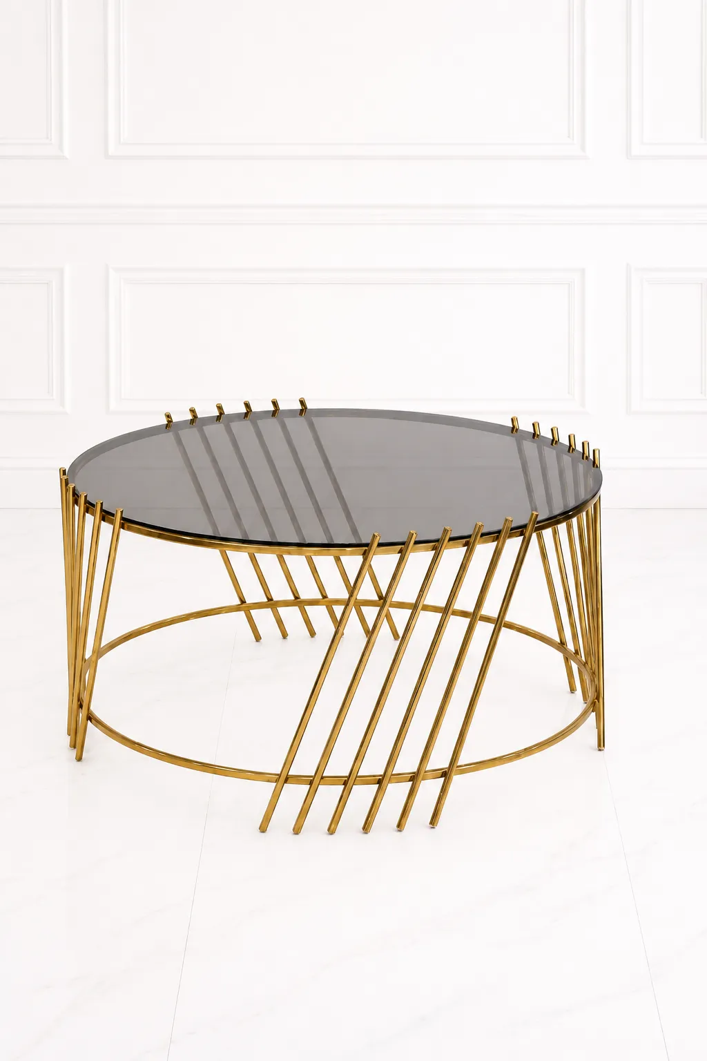 Luxury Round Smoked Glass Coffee Table with Gold Slatted Base – Modern Asymmetric Rod Center Table Luxury round smoked glass coffee table with gold slatted base featuring diagonal parallel metal rods extending past the glass top