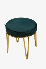 Luxury round green velvet ottoman with gold hairpin legs featuring a plush forest green upholstered padded cushion