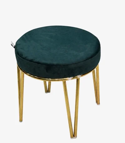 Luxury round green velvet ottoman with gold hairpin legs featuring a plush forest green upholstered padded cushion