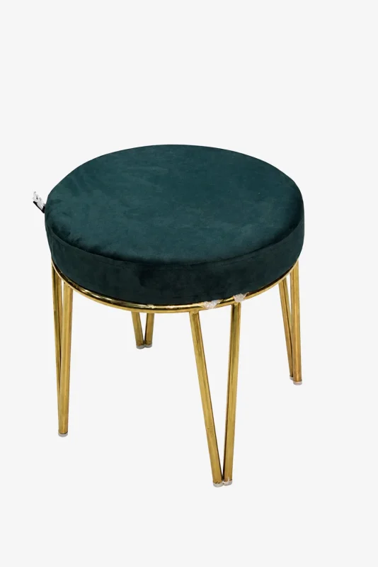 Luxury round green velvet ottoman with gold hairpin legs featuring a plush forest green upholstered padded cushion