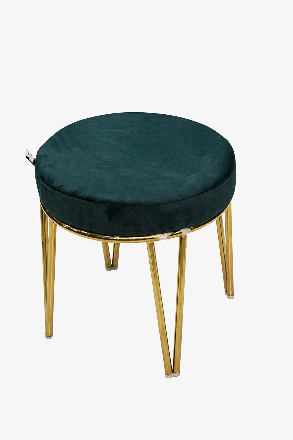 Luxury Round Green Velvet Ottoman with Gold Hairpin Legs – Modern Upholstered Vanity Stool Luxury round green velvet ottoman with gold hairpin legs featuring a plush forest green upholstered padded cushion