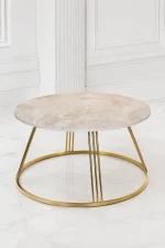 Luxury round marble top coffee table with gold tapered frame featuring a cream-beige veined top and multi-rod metallic leg clusters