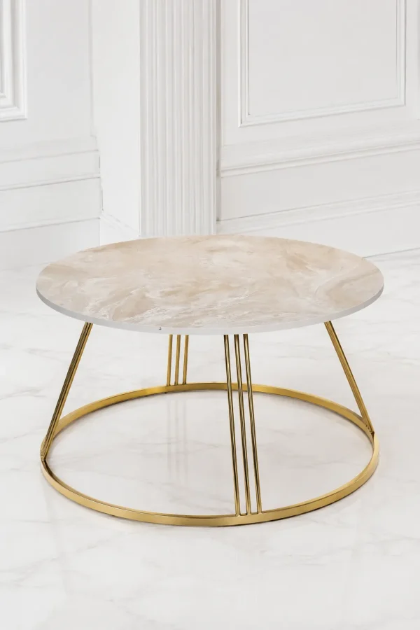 Luxury round marble top coffee table with gold tapered frame featuring a cream-beige veined top and multi-rod metallic leg clusters