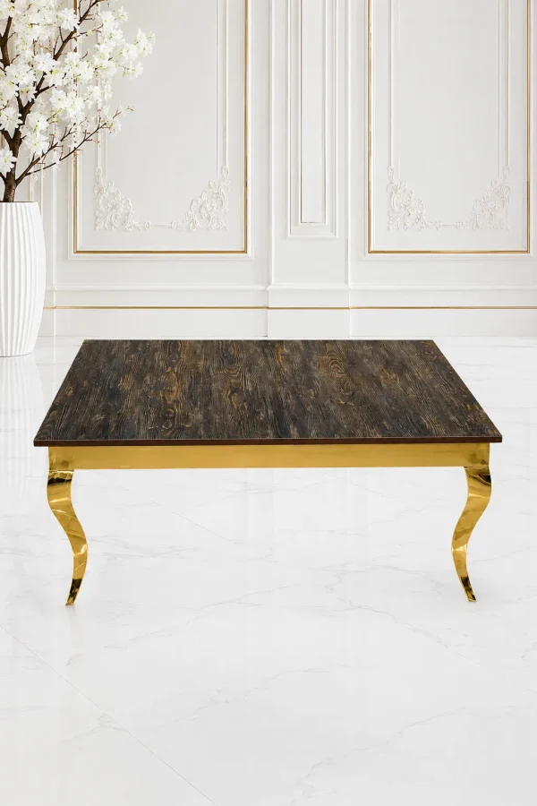 Luxury square rustic wood coffee table with gold cabriole legs featuring a dark charred wood grain top and curved s-shape metal legs