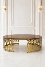 Luxury round wood coffee table with gold latticework base featuring a polished dark brown walnut grain top and a laser-cut metal trellis frame