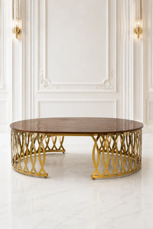 Luxury round wood coffee table with gold latticework base featuring a polished dark brown walnut grain top and a laser-cut metal trellis frame