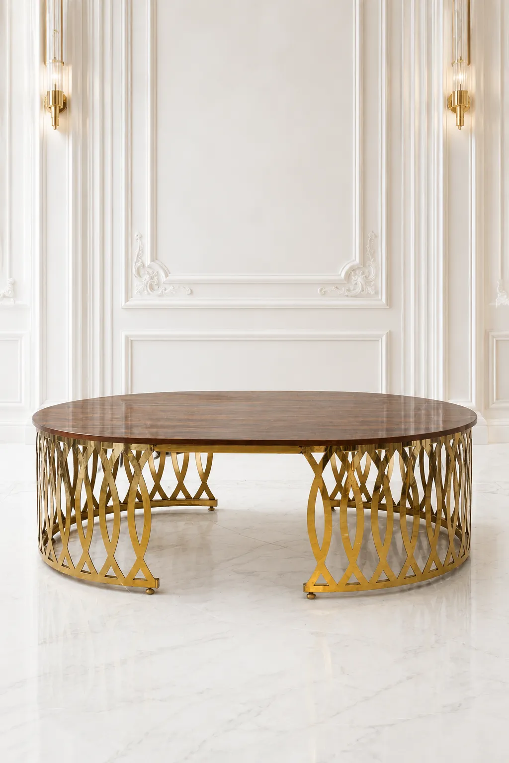 Luxury Round Wood Coffee Table with Gold Latticework Base – Modern Open-Front Laser Cut Center Table Luxury round wood coffee table with gold latticework base featuring a polished dark brown walnut grain top and a laser-cut metal trellis frame