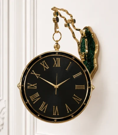 Luxury double sided hanging wall clock with gold Roman numerals, featuring a matte black face and a decorative gold bracket with a malachite green mount,