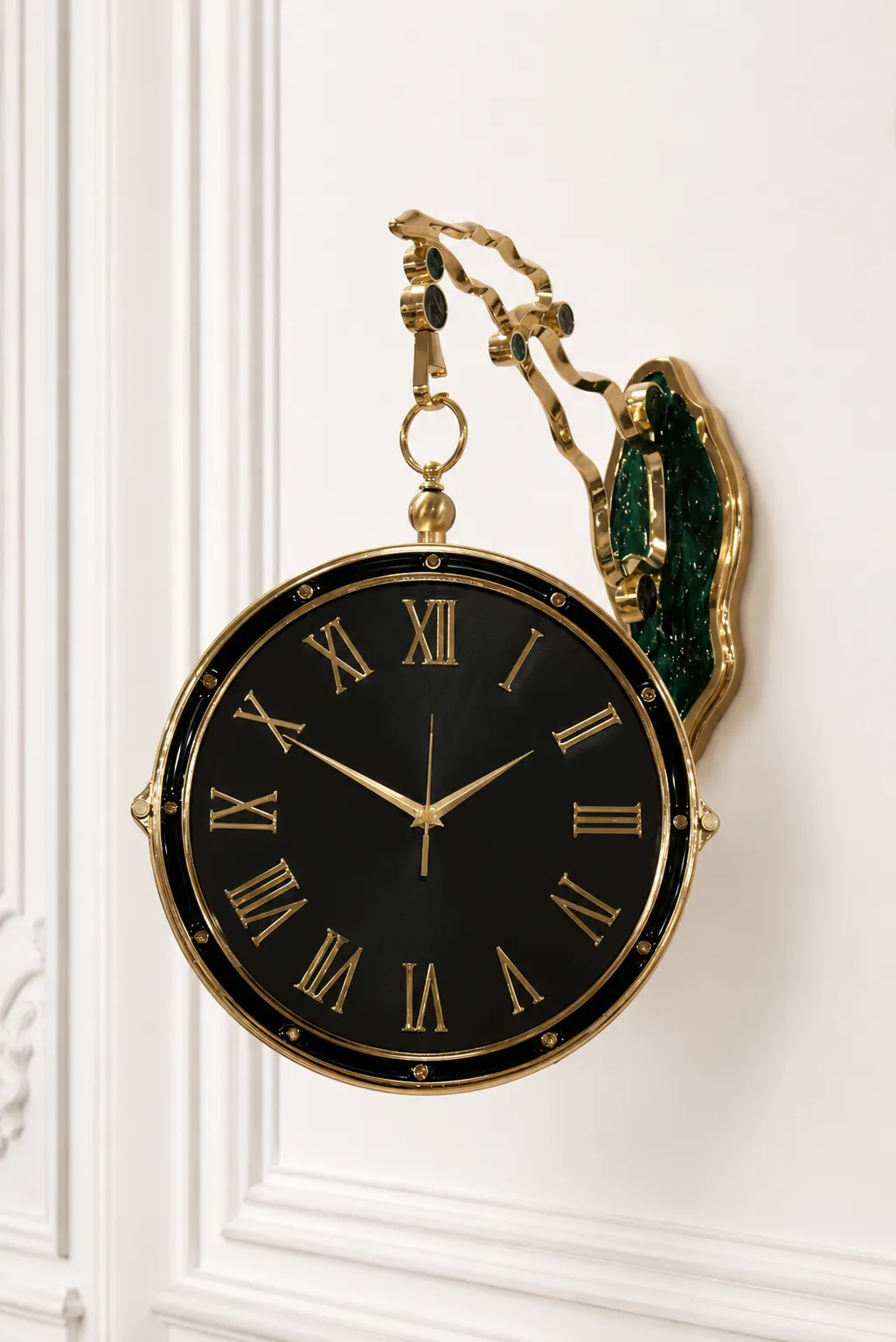 Luxury Double Sided Hanging Wall Clock with Gold Roman Numerals – Antique Victorian Matte Black Station Clock Luxury double sided hanging wall clock with gold Roman numerals, featuring a matte black face and a decorative gold bracket with a malachite green mount,