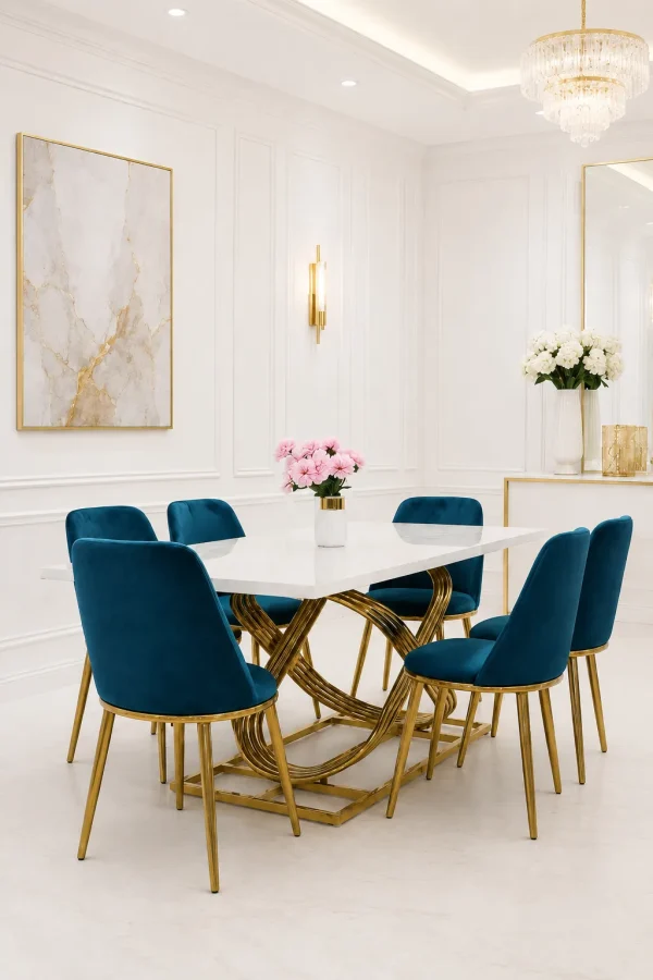 7 piece luxury dining set from featuring a rectangular white faux marble table with an interlocking gold ring base and six teal velvet dining chairs with tapered gold legs.