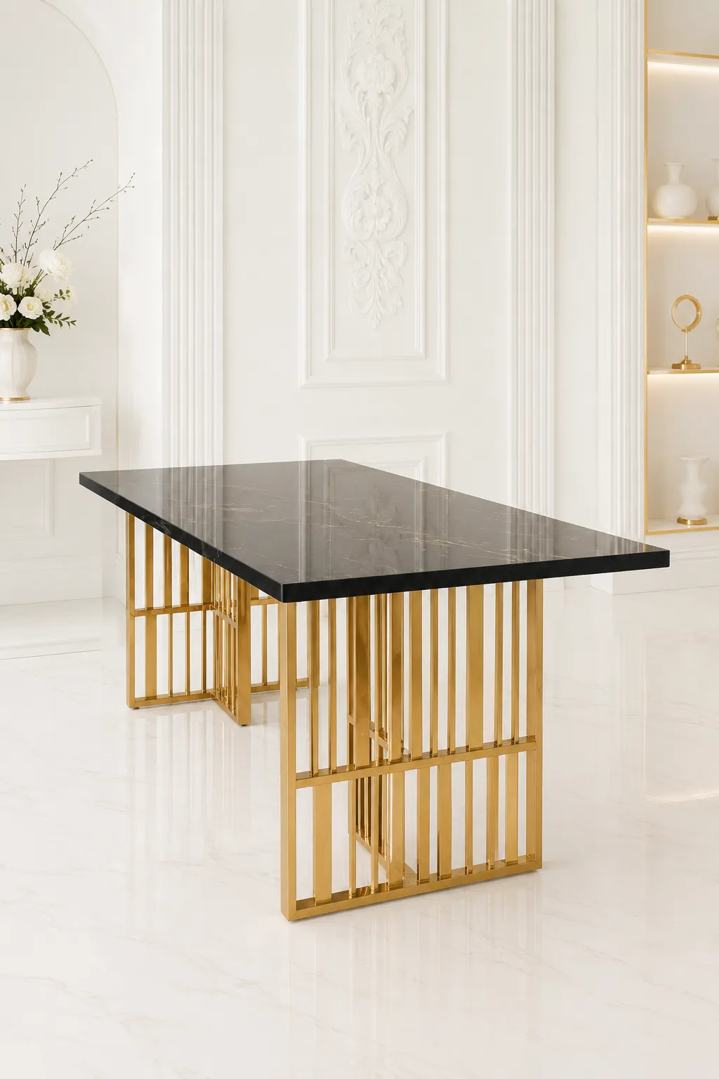 Modern Luxury Black Marble Dining Table with Geometric Gold Slatted Base Luxury rectangular black marble dining table with natural gold veining, supported by open geometric vertical slatted gold legs in a bright white modern room.