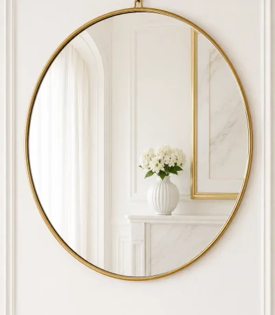 Luxury large round gold wall mirror with a slim stainless steel frame and top loop detail hanging on a white wall.