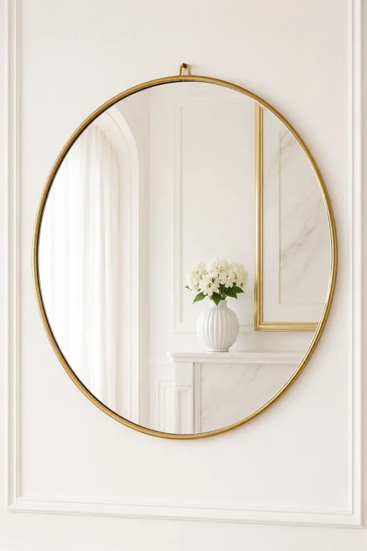Luxury large round gold wall mirror with a slim stainless steel frame and top loop detail hanging on a white wall.