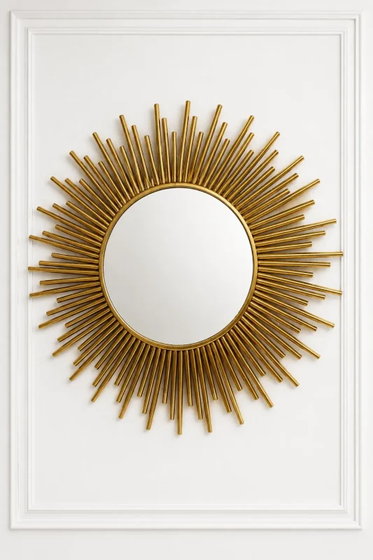 Luxury gold sunburst wall mirror with a multi-layered starburst stainless steel frame centered on a white paneled wall.