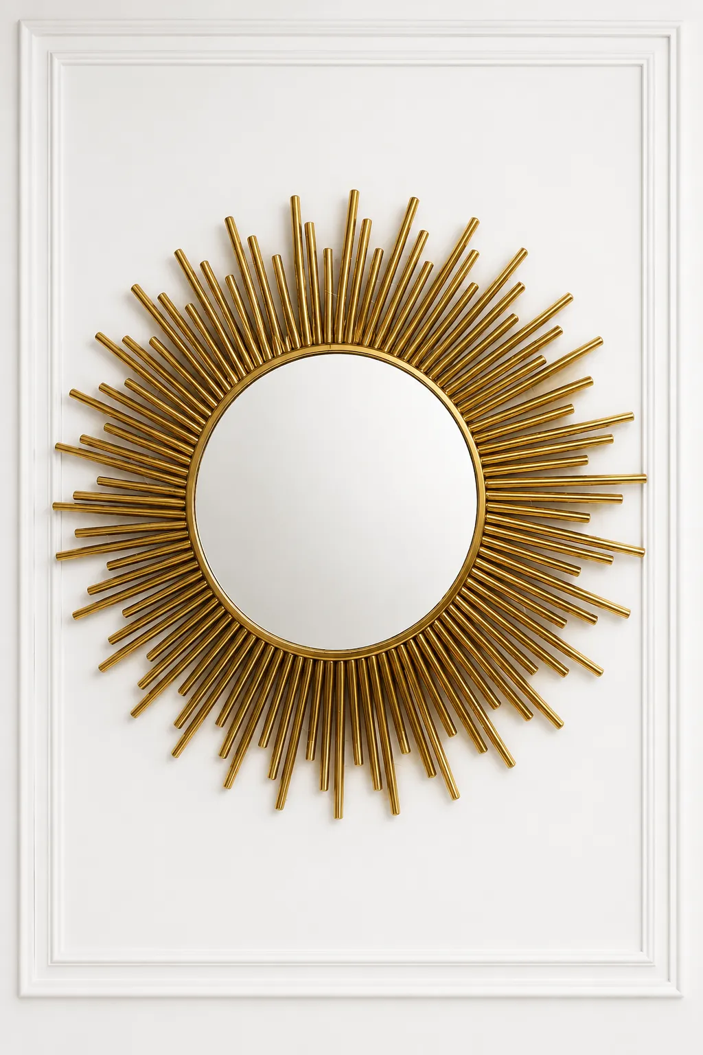 Luxury Gold Sunburst Wall Mirror – Art Deco Starburst Stainless Steel Accent Mirror Luxury gold sunburst wall mirror with a multi-layered starburst stainless steel frame centered on a white paneled wall.