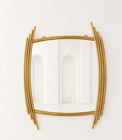 Luxury asymmetric gold wall mirror with an abstract barrel shape and staggered stainless steel side rods mounted on a textured white wall.