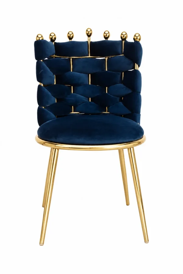 Front view of a luxury navy blue velvet dining chair featuring a unique woven brick-pattern backrest topped with gold spherical finials and supported by polished gold legs.